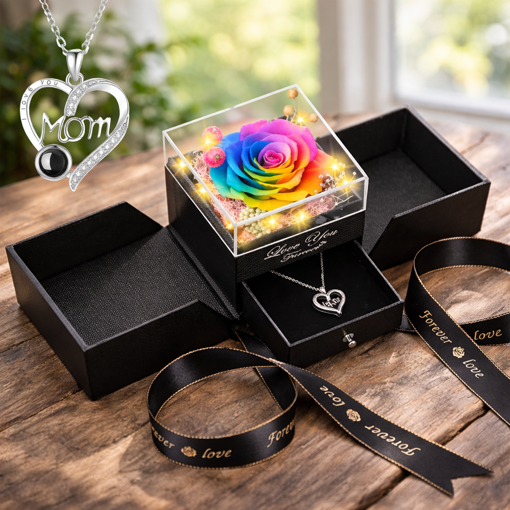 Gift Box Preserved Rose Necklace LED Display Case