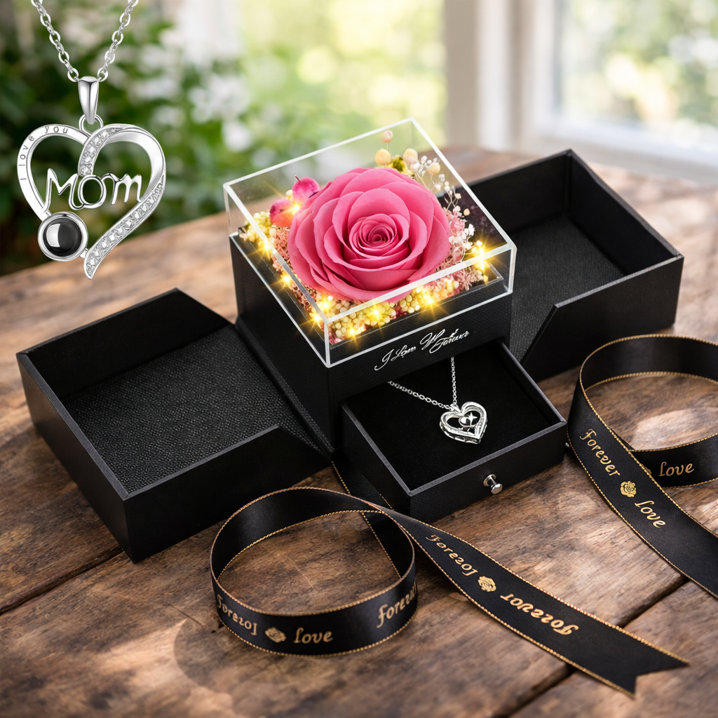 Gift Box Preserved Rose Necklace LED Display Case
