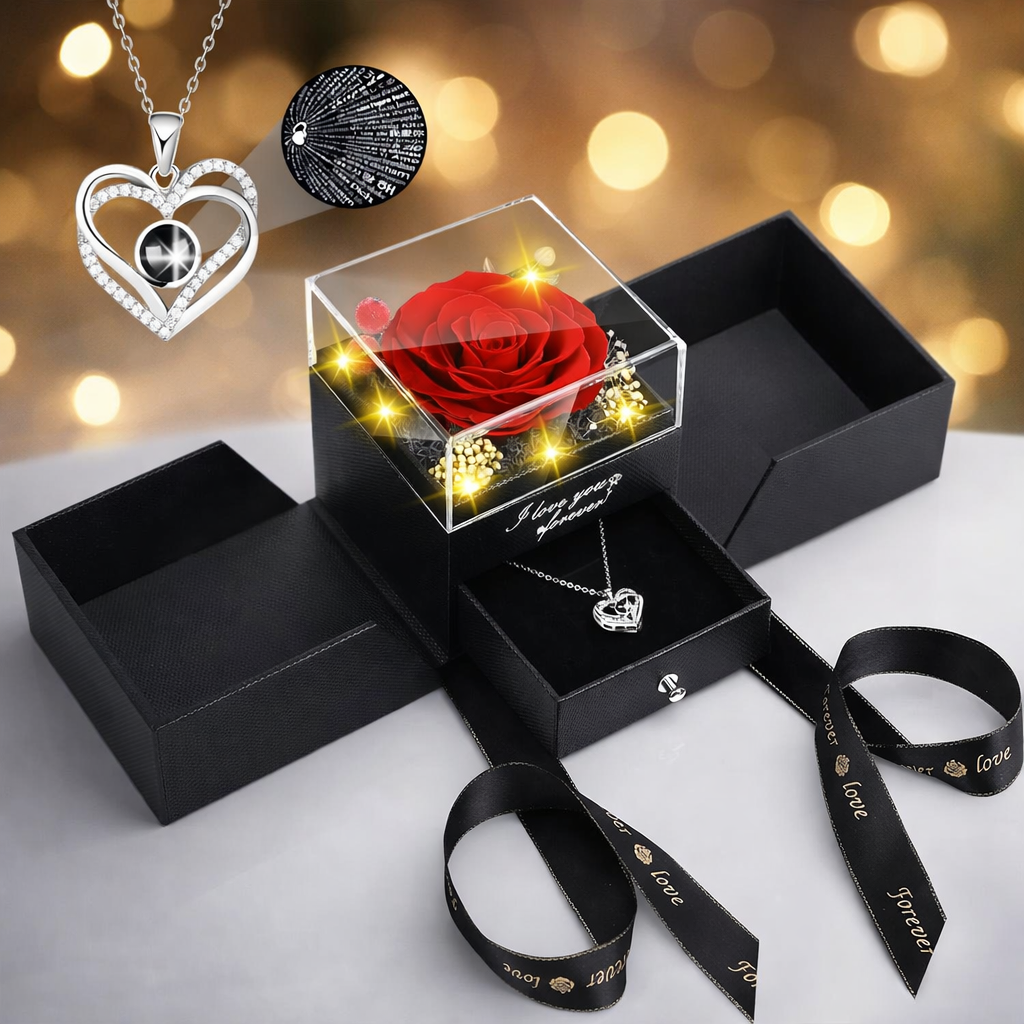 Gift Box Preserved Rose Necklace LED Display Case