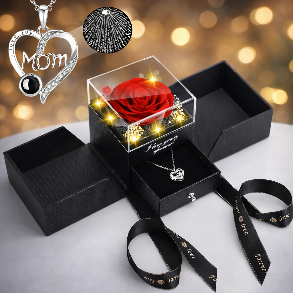 Gift Box Preserved Rose Necklace LED Display Case