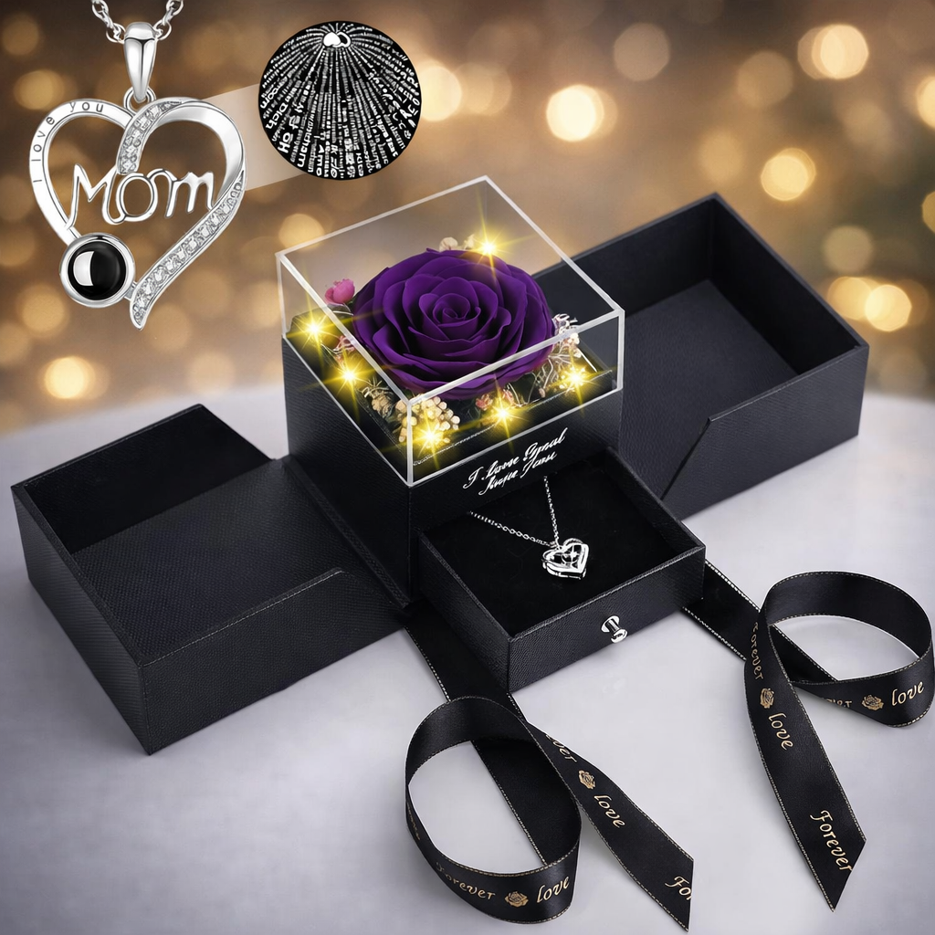 Gift Box Preserved Rose Necklace LED Display Case