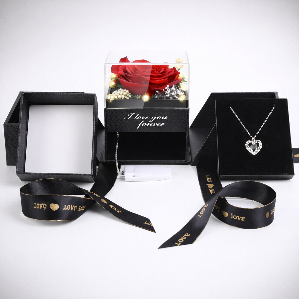 Gift Box Preserved Rose Necklace LED Display Case