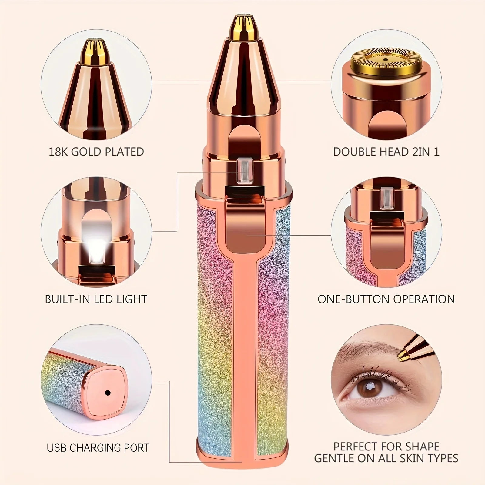 Rechargeable Electric Eyebrow Trimmer for Women - Waterproof Rotary and Vibrating Shaver with Stainless Steel Blades and USB Charging - IPX5