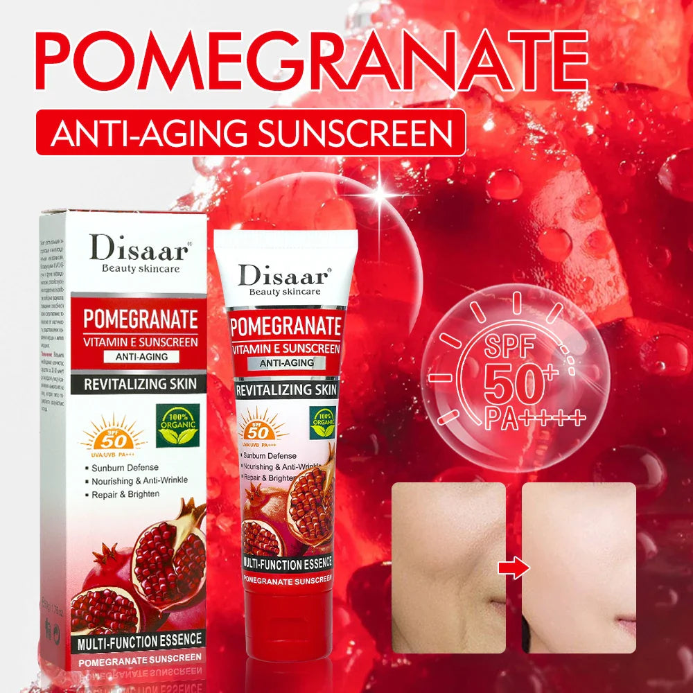 Pomegranate Sunscreen SPF 50 PA+++ with Vitamin E and C - Hydrating Face and Body Moisturizing Cream for Sunburn Protection and Repair