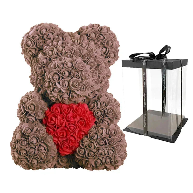Rose Bear Artificial Flower Teddy Bear - Handmade PE Foam Everlasting Roses Gift for Women - Romantic Anniversary and Valentines Decor - 40cm Red