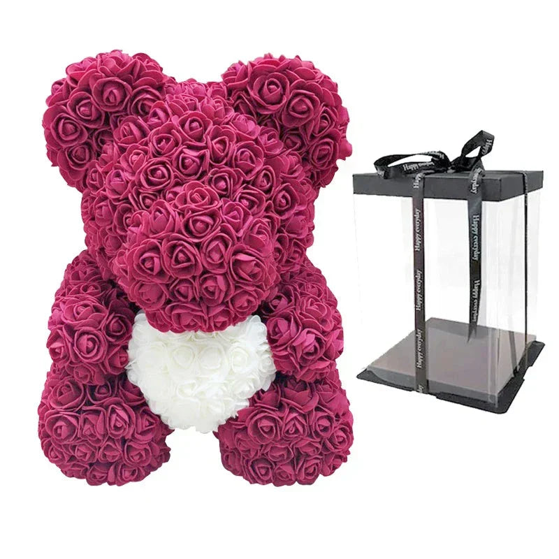 Rose Bear Artificial Flower Teddy Bear - Handmade PE Foam Everlasting Roses Gift for Women - Romantic Anniversary and Valentines Decor - 40cm Red