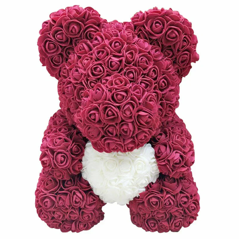 Rose Bear Artificial Flower Teddy Bear - Handmade PE Foam Everlasting Roses Gift for Women - Romantic Anniversary and Valentines Decor - 40cm Red