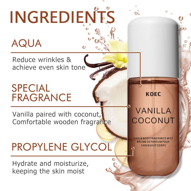 Vanilla and Coconut Fragrance Mist Perfume for Women - Refreshing Moisturizing Body Spray with Triple Note Plant Extracts for Daily Use