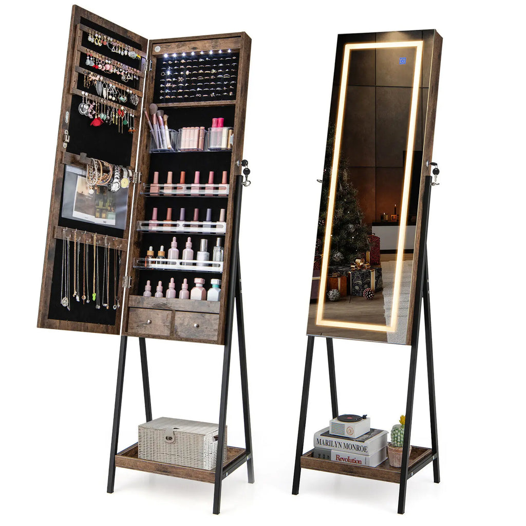 LED Jewellery Mirror Cabinet with Lockable Armoire - Coffee