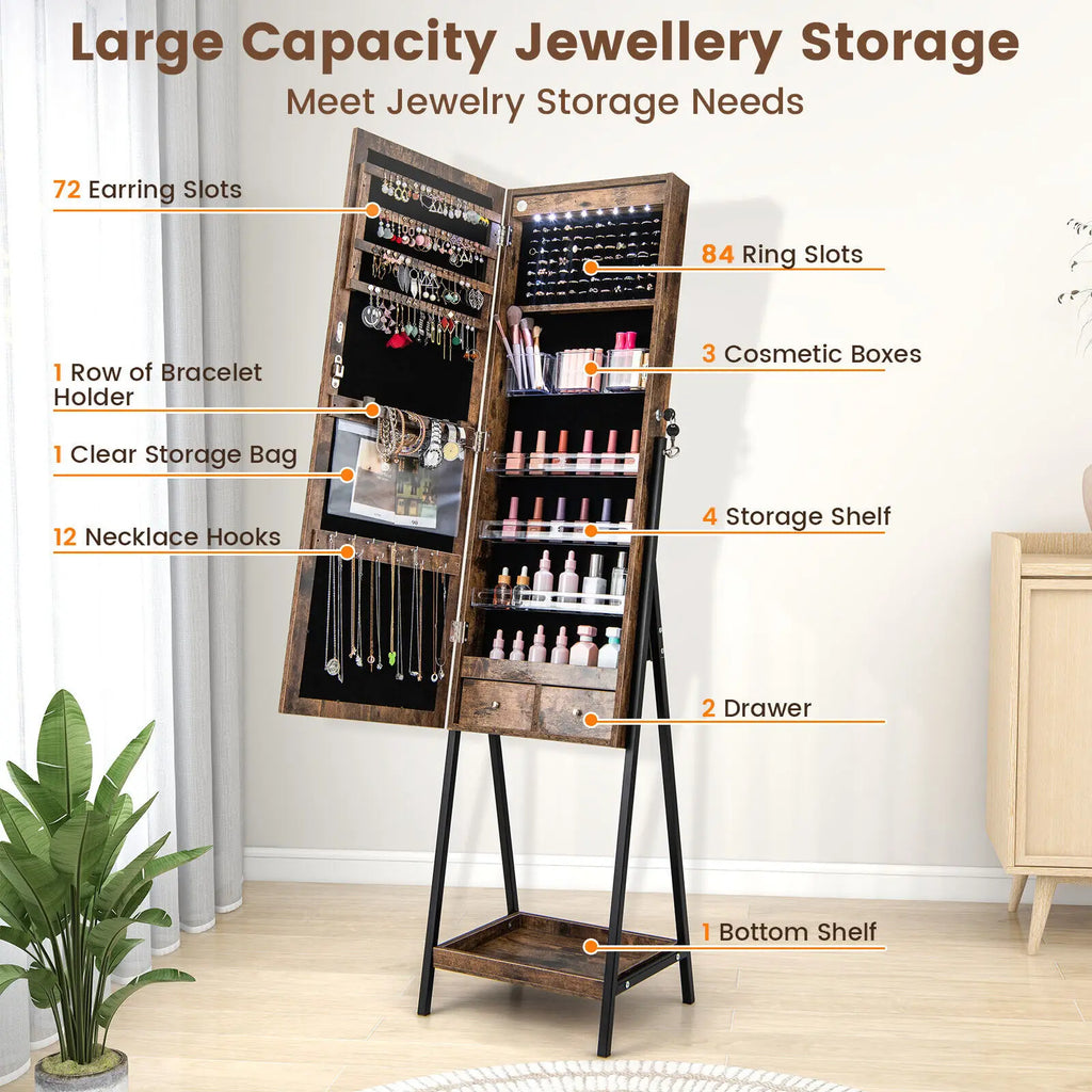 LED Jewellery Mirror Cabinet with Lockable Armoire - Coffee