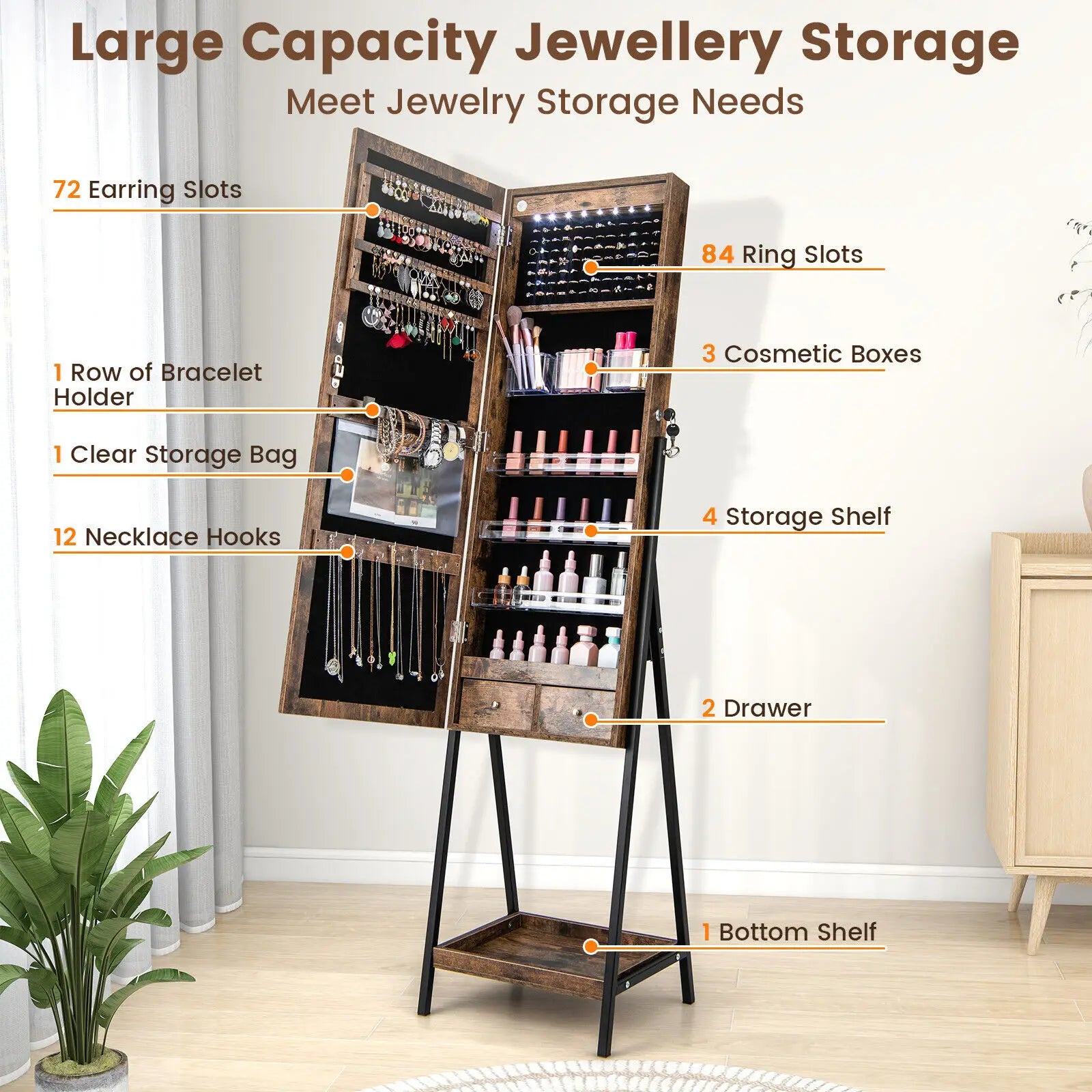 LED Jewellery Mirror Cabinet with Lockable Armoire - Coffee