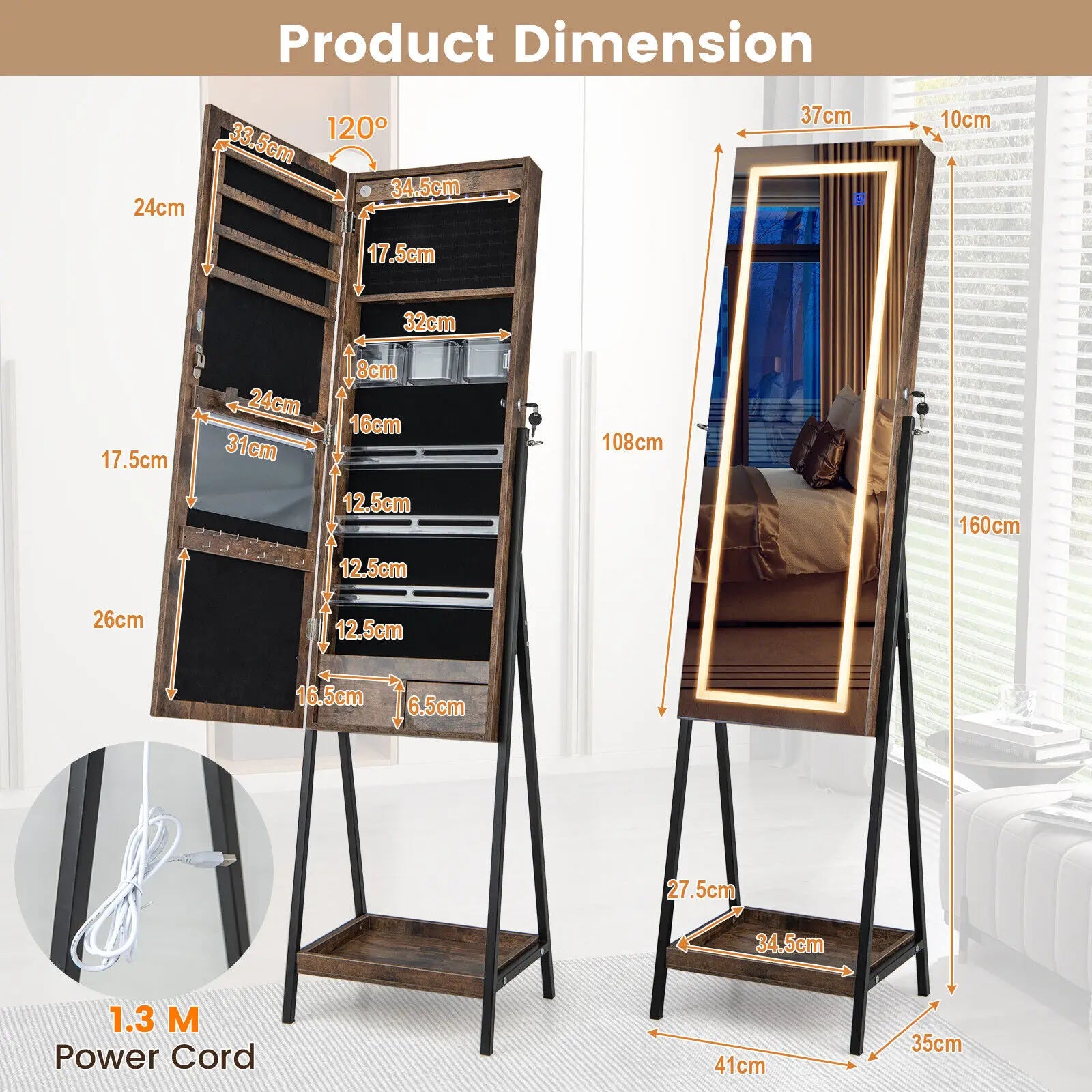 LED Jewellery Mirror Cabinet with Lockable Armoire - Coffee