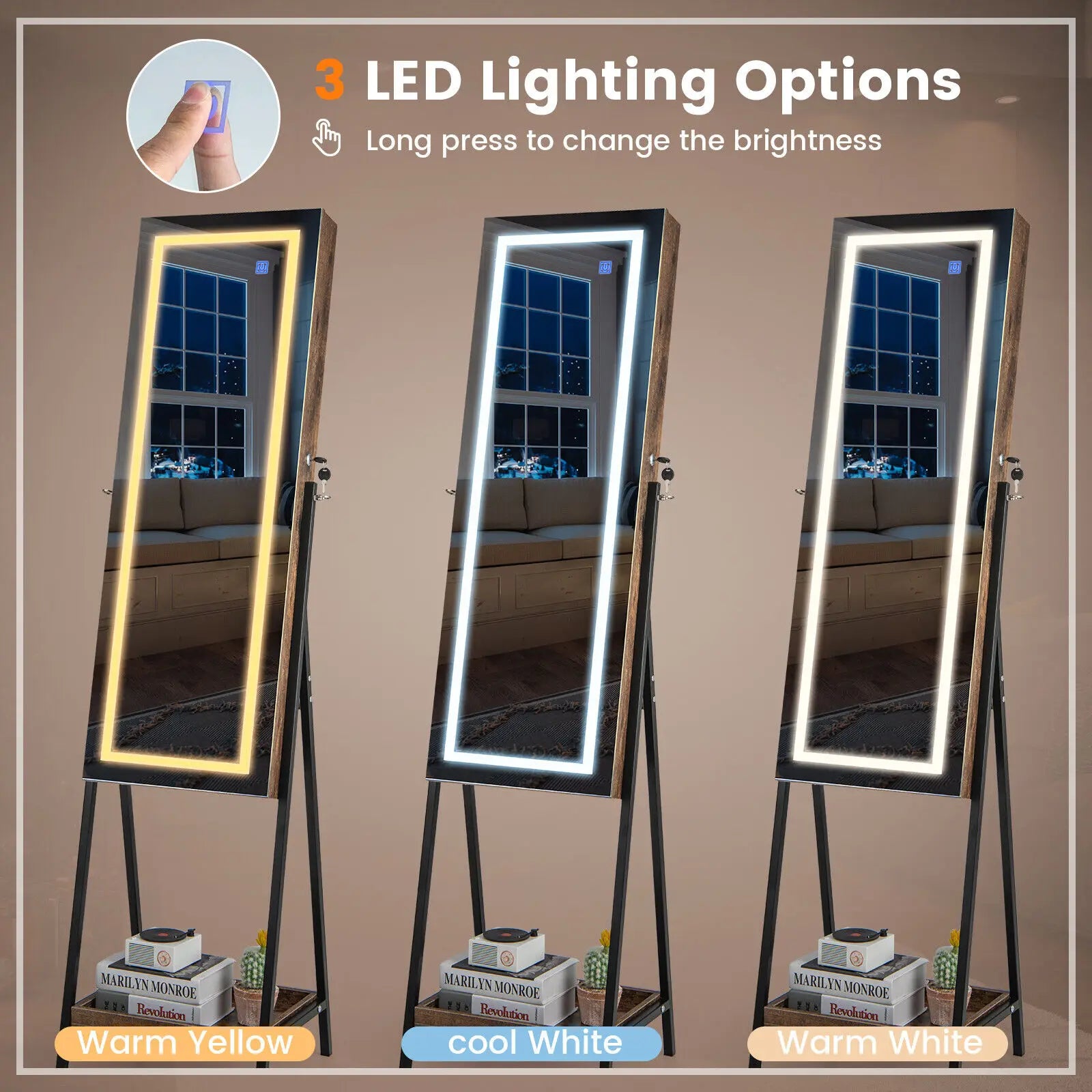 LED Jewellery Mirror Cabinet with Lockable Armoire - Coffee
