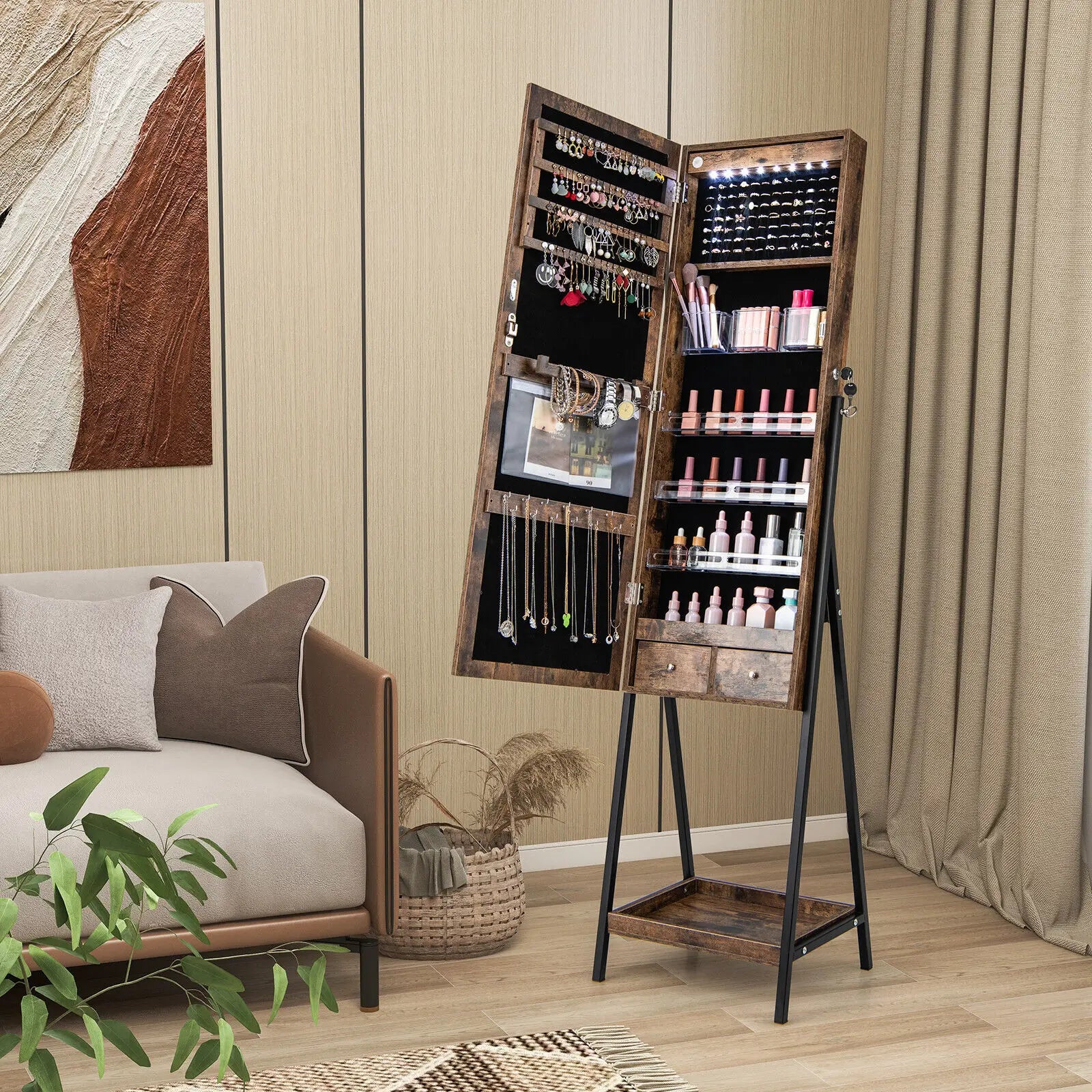 LED Jewellery Mirror Cabinet with Lockable Armoire - Coffee
